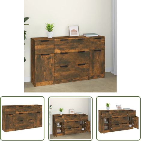 The Living Store Ensemble de buffets 3 pcs chêne fumé bois d'ingénierie - Meubles De Rangement - Buffet - Meuble Tv - Commode - Design Minimaliste (1/5)