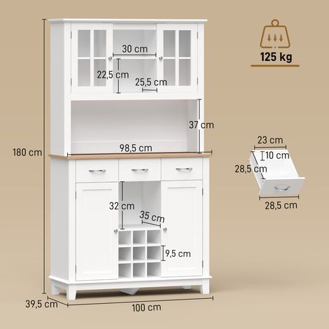 Buffet haut cuisine avec éclairage LED, vaisselier, 4 portes dont 2 en verre, tiroirs, porte-bouteilles, blanc (1/5)
