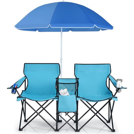 COSTWAY Sillas de Camping con Sombrilla Silla Plegable Taburete de Pesca Doble con Portavasos para Exterior Picnic Senderismo Barbacoa (Verde) (1/5)
