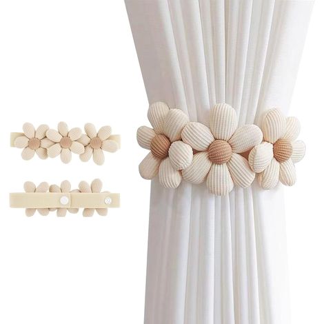Lot de 2 Embrasse à rideau, Coton lin, Système bouton réglable, Design trois fleurs, Beige, Salon chambre bureau (1/5)