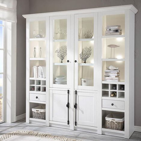 Großer Buffet-Schrank WINGST-61 im klassischen Landhaus Stil Dekor Pinie weiß Nb. inkl. LED B/H/T ca. 194x207x45cm (1/5)