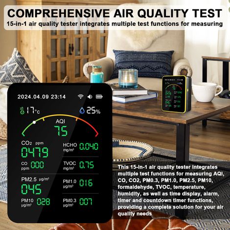 Eosnow Tuya WiFi15in1 Luftqualitätsdetektor Haushalt tragbarer AQI PM0.3 PM1.0 PM2.5 PM10 CO CO2 TVOC HCHO TESTER TFT Anzeige Multifunktionale Zeittemperatur- und Feuchtigkeitstestmesser Vielseitiger  (1/5)