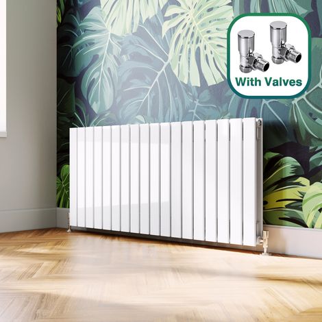 ELEGANT 600x1368mm Designer White Double Flat Panel Horizontal Radiator Central Heating with Angled Radiator Valves (1/5)