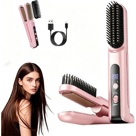 Spazzola per styling senza fili, pettine ionico 2 in 1 con ioni negativi, per capelli ricci e crespi, adatta a casa e in viaggio (rosa) (1/5)