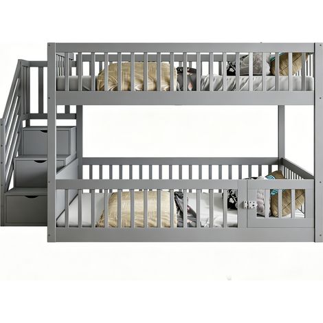 Lit superposé 140x200 cm avec escalier sécurisé et tiroirs, gris, bois massif, lit enfant avec rangement pour ado et chambre junior (1/5)