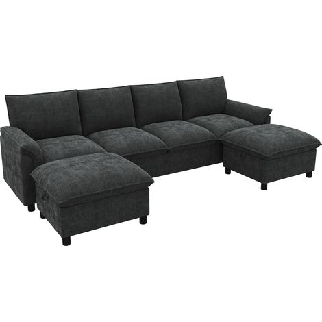 Sofá modular en U de chenilla negro con 2 otomanas móviles y respaldo alto 264,5 x 142,5 x 84 cm (1/5)