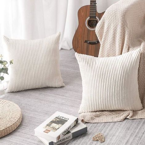 Housse De Coussin - Velours Côtelé - 45 X 45 Cm - Beige - Lot De 2 (1/4)