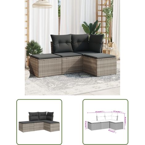 The Living Store Salon de jardin 4 pcs avec coussins gris clair résine tressée - Salon De Jardin - Mobilier De Jardin - Salon Extérieur - Ensemble De Canapés - Canapé D'angle
