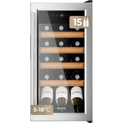 EVVO Vinoteca para 15 botellas VT15 Inox, compresor de alto rendimiento, 5–18ºC regulable, silenciosa 41 dB, panel táctil, luz LED interior
