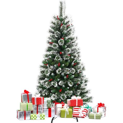 Goplus – Sapin de Noël artificiel enneigé 150cm – Aiguilles de pin et PVC – Base en fer – Ouverture automatique – Branches épaisses avec baies rouges (1/5)