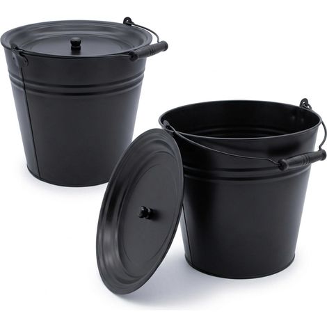 Deko Zinkeimer schwarz 12 L mit Holzgriff und Deckel - 2er Set