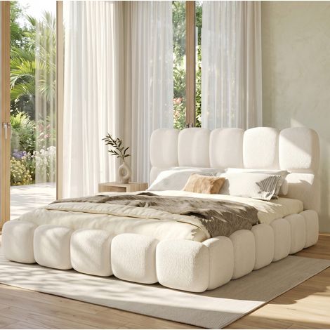 Cama con baúl 160x200 cm con almacenaje, cabecero y somier de lamas, de tela, blanca, sin colchón (1/5)