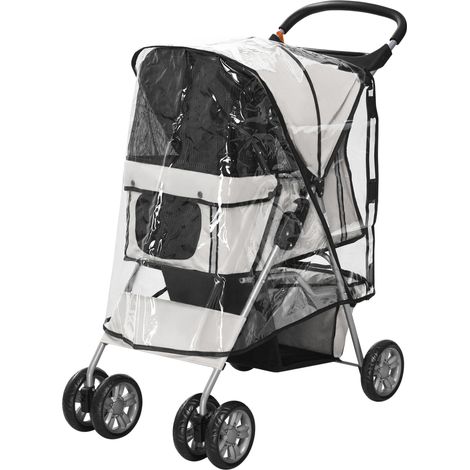 Poussette pliable pour chien avec protection pluie, roues pivotantes et freins, grise