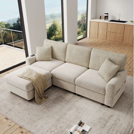 Sofá 223x146x84 cm beige en chenilla y pana ancha con reposapiés, 2 cojines, USB y Type-C (1/5)