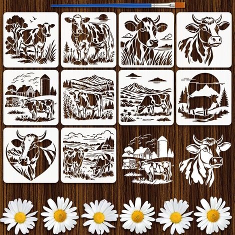 10Styles Pochoirs Vaches Avec Un Pinceau 30x30cm Pochoirs Peinture Vache Ferme Pochoir Motif Bétail Laitier Pet Gabarit Thèmes Ferme pour Peinture sur Bois Mur Tissu Meuble Décor (1/5)