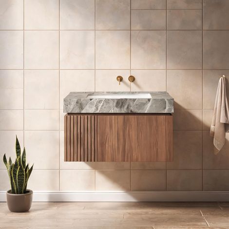 Meuble sous vasque suspendu 76 cm gris classique et chêne (1/5)