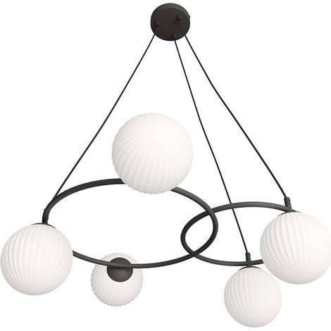Lampadario 5 Luci Libra A Cerchi E Diffusori In Vetro Rigato Opale (1/2)