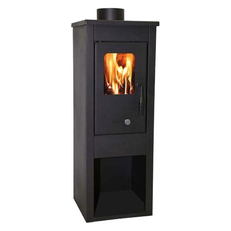 Poêle à bois 7kW – Chambre de combustion acier peint noir – 6 briques réfractaires – Pour bûches jusqu'à 50cm – Évacuation des fumées arrière – Milo Srl