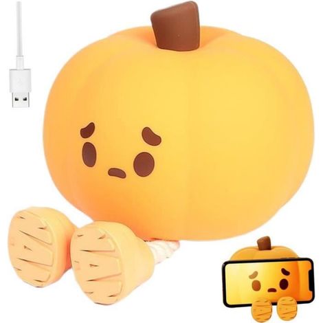 Veilleuse Citrouille - Silicone Souple - Rechargeable USB - Minuterie 30 Min - 3 Niveaux Luminosité - Chaleur Douce - Pour Enfant - 1 Pièce (1/3)