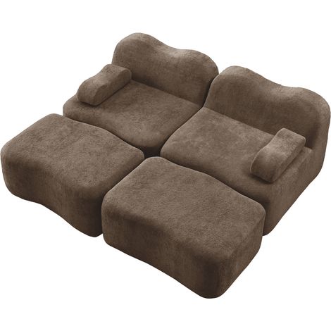 Modulares 2-Sitzer-Sofa mit 2 Hockern aus braunem Samt, 32D-Schaum, montagelos (1/5)
