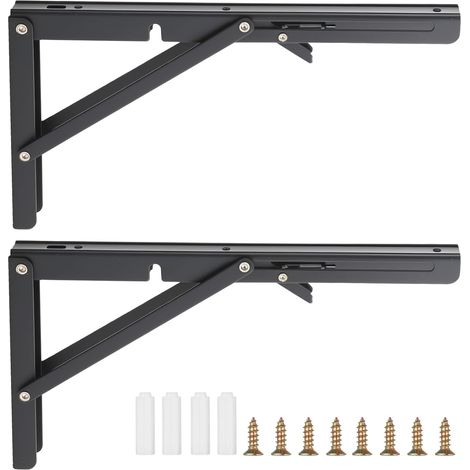 2 Pièces equerre etagere pliable 300mm, Support Console Noir 50KG, table murale rabattable pour Bureau, Garage, Cuisine - Gain de Place (1/5)