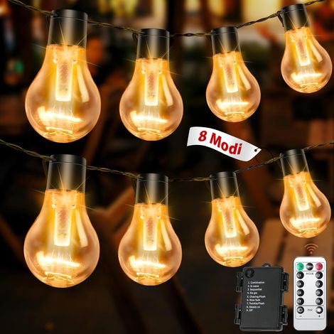Guirlande lumineuse d'extérieur avec batterie minuterie 9 m,12 ampoules A60 LED,Télécommande,Avec 8 modes,IP64,Pour intérieur de Noël, fenêtre, escaliers, jardins, pavillons, mariages