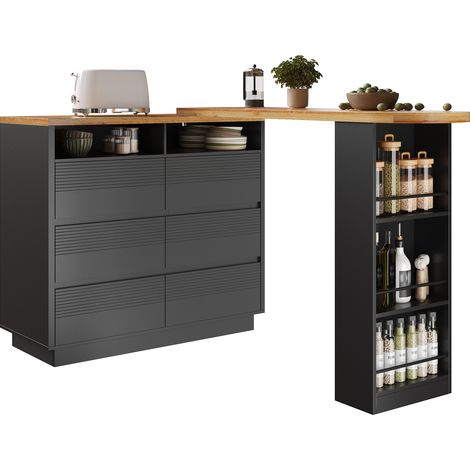 Tavolo Alto 137-215x39x102,3 cm, Estensibile Girevole 360°, Scaffale 6 Cassetti, Salvaspazio, MDF Nero, per Soggiorno (1/5)