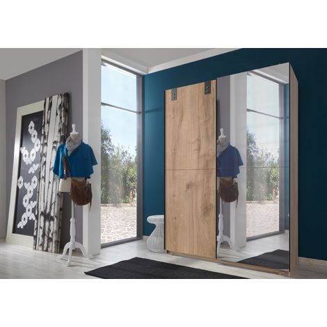 Armoire à portes coulissantes avec miroir en Imitation chêne poutre, rechampis graphite - L135 x H198 x P64 cm -PEGANE-