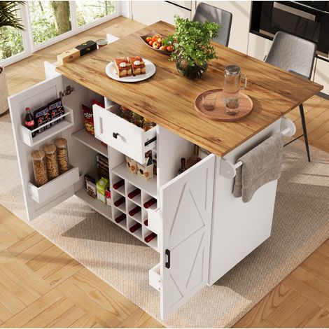 Carrello da cucina bianco con 5 ruote, 1 cassetto, 2 ante con ripiani portaoggetti, vano aperto, portasciugamani (1/5)