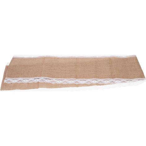 Chemin de table en jute avec bordure en dentelle, idéal pour les mariages et la décoration de table à la maison. (1/5)