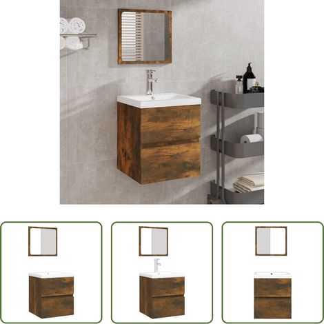 vidaXL Vasque encastrée -  Armoire lavabo de salle de bain et bassin et miroir Chêne fumé (1/5)