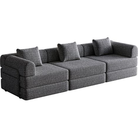 Canapé-lit 1 place modulable en tissu gris avec rangement d’accoudoir, structure acier et base antidérapante, idéal pour composer un salon, CHICFURN (1/5)