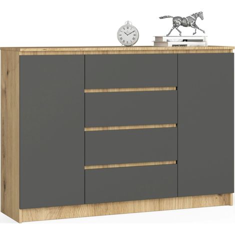 Akord – Commode 138 cm 2 portes 4 tiroirs – Façade gris graphite – Chêne artisan – 4 étagères – Dimensions 138x40x99 cm (1/4)