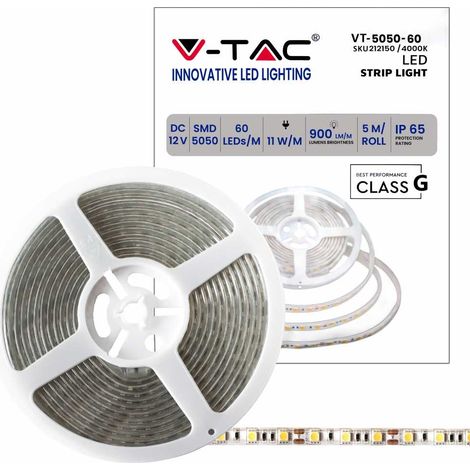 V-TAC VT-5050 Strip 300 LED SMD 5050 Strip 5Mt 11W/mt IP65 60led/mt 12v Naturweiß 4000K - 212150