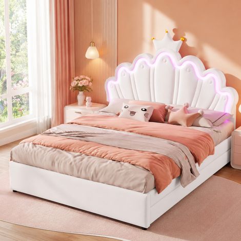 MEUBLIV Letto 140x200 cm bianco – testiera regolabile, LED e 2 cassetti, senza materasso (1/5)
