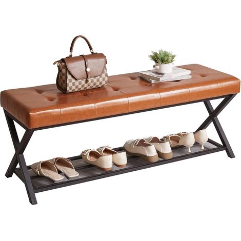 Banc à Chaussures avec Siège, Banc de Rangement de 113 cm avec Étagères en Treillis Métallique, Pouf de Rangement Capitonné en Cuir PU pour Chambre, Entrée, Salon, Caramel YD-JD160J (1/5)