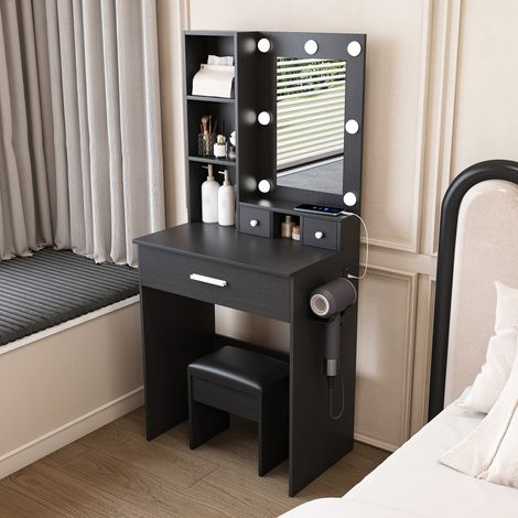 Coiffeuse Chambre 60x38x131,5 cm Petite coiffeuse maquillage avec Miroir LED Prise électrique Support pour sèche-cheveux Tabouret rembourré 3 tiroirs et compartiments rangement Noir