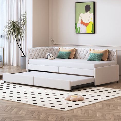 Letto singolo 90x200 cm – Letto estraibile – Tessuto in velluto – Testiera imbottita – Rete a doghe – Stile moderno (1/5)