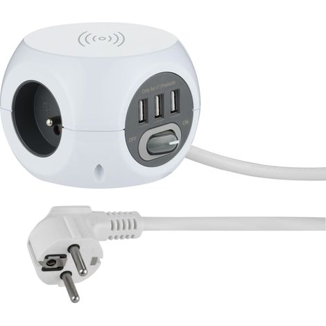 Mini Cube avec Chargeur rapide sans fils, 3 Ports USB 2.4A, Bloc 3 Prises avec Interrupteur, Rallonge Multiprise 1,5M, (1/4)