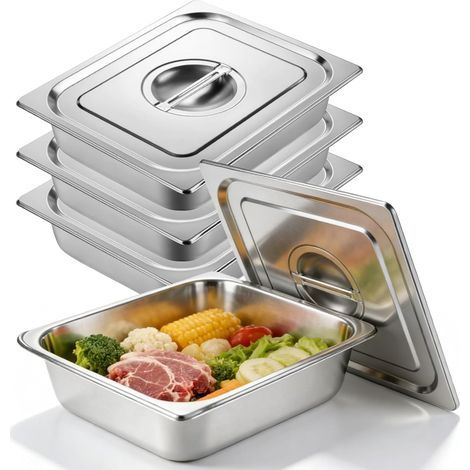 3 Pièces Bac Gastronorme, Bac Inox Alimentaire avec Couvercle, Plat Inox Barbecue, Plat Rectangulaire pour Mariner Viande, Escalopes, Empilable Set à Panure, Récipient pour Cuisine 32,5x26,5x6,5cm (1/5)