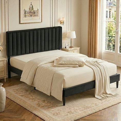 Lit 140x190cm avec Sommier - Tête de Lit Rembourrée Réglable - Velours Noir - Cadre de Lit en Bois et Métal - Supporte Jusqu'à 480kg (1/5)