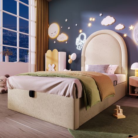 Cama infantil tapizada de PU beige 90x190 cm con almacenaje y somier de láminas hidráulico (1/5)