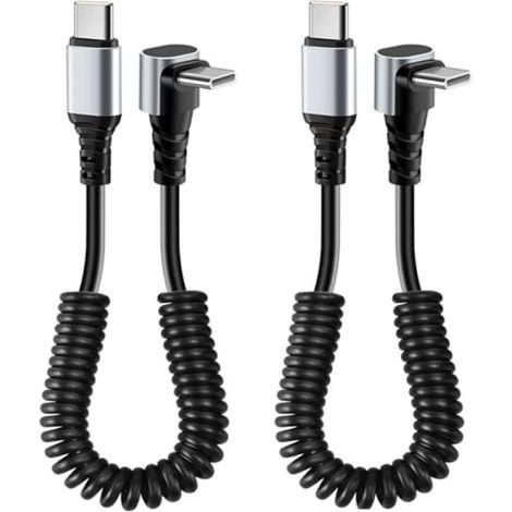 Irovami Lot de 2 câbles de données USB-C télescopiques spiralés de 60 W avec coude à ressort à 90°, noirs (1/5)