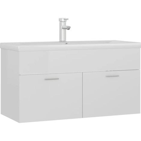 Armoire d'évier avec lavabo intégré 90 x 38,5 x 46 cm rangement pratique design contemporain en aggloméré blanc brillant