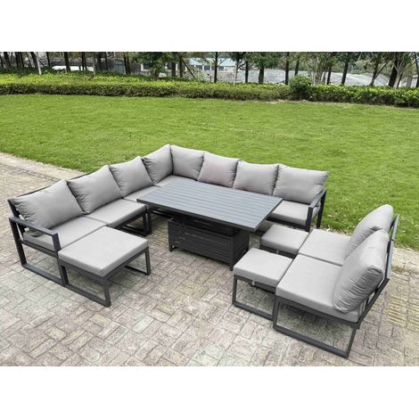 Fimous 11 Pieces Aluminium Garden Furniture Set with Cushions, Patio Furniture Set with Adjustable Rising Lifting Dining Table 3 Footstools Dark Grey (1/5)