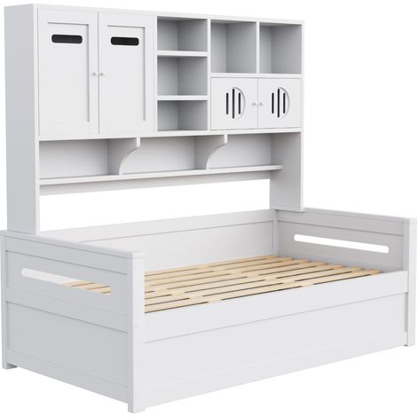 Cama individual 90 x 200 cm con almacenamiento hidráulico, madera blanca, HOMVRA (1/5)