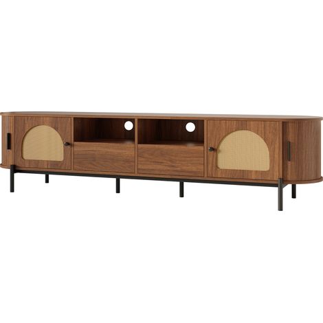Meuble TV ovale en rotin, portes coulissantes, portes et tiroirs, aspect bois, pieds en métal, meuble de salon multifonction avec rangement (1/5)