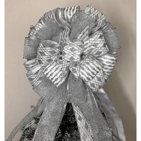 Décoration de sapin de Noël, 86 x 33 cm (argenté), grand nœud avec ruban et bordure métallique pour Noël (1/4)