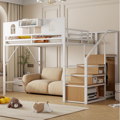 Letto rialzato per adulti 140x200 cm con scala portaoggetti, armadio aperto e mensole, senza materasso, bianco (1/5)