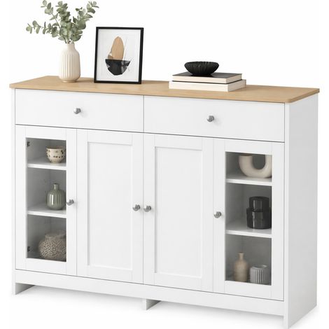 Buffet 120 cm blanc et bois clair, meuble de rangement avec 2 tiroirs, 4 portes et étagères réglables pour salon, cuisine, salle à manger, style maison  CHICFURN (1/5)